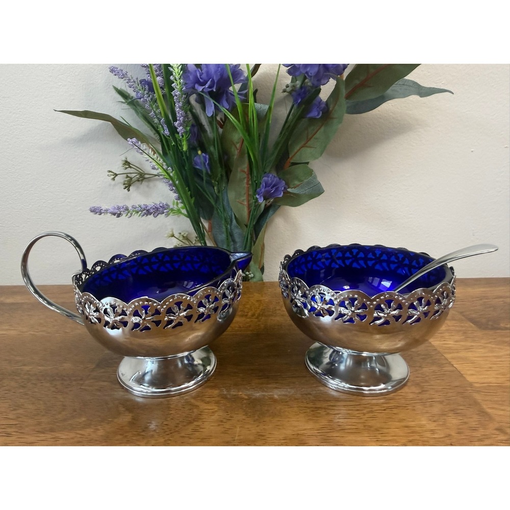 Vintage‎ Celtic Quality Plate Cobalt Blue Glass Cream Sugar English Silver Plate